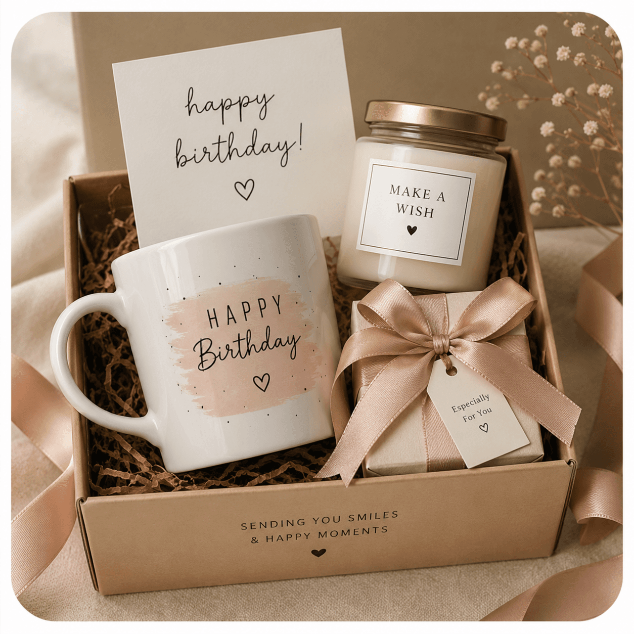Birthday gift box with a personalized mug, a candle and a card