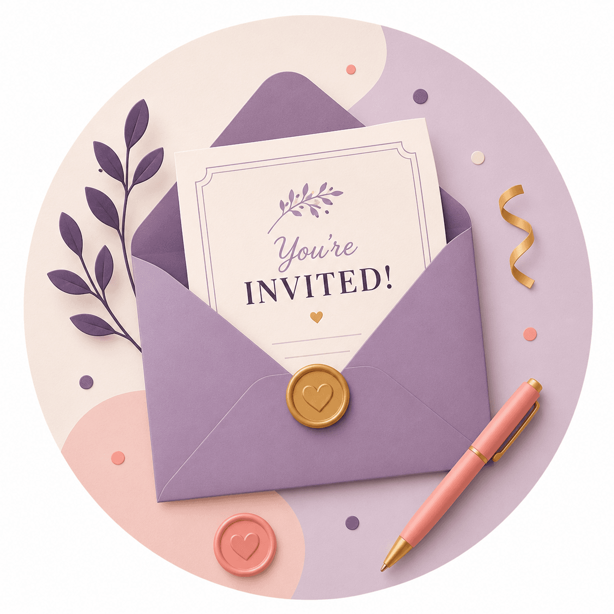 Illustrated lilac envelope with a “You're invited” card and a gold wax seal