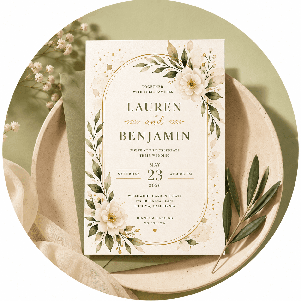 Floral wedding invitation with greenery and a gold arched border on an ivory card